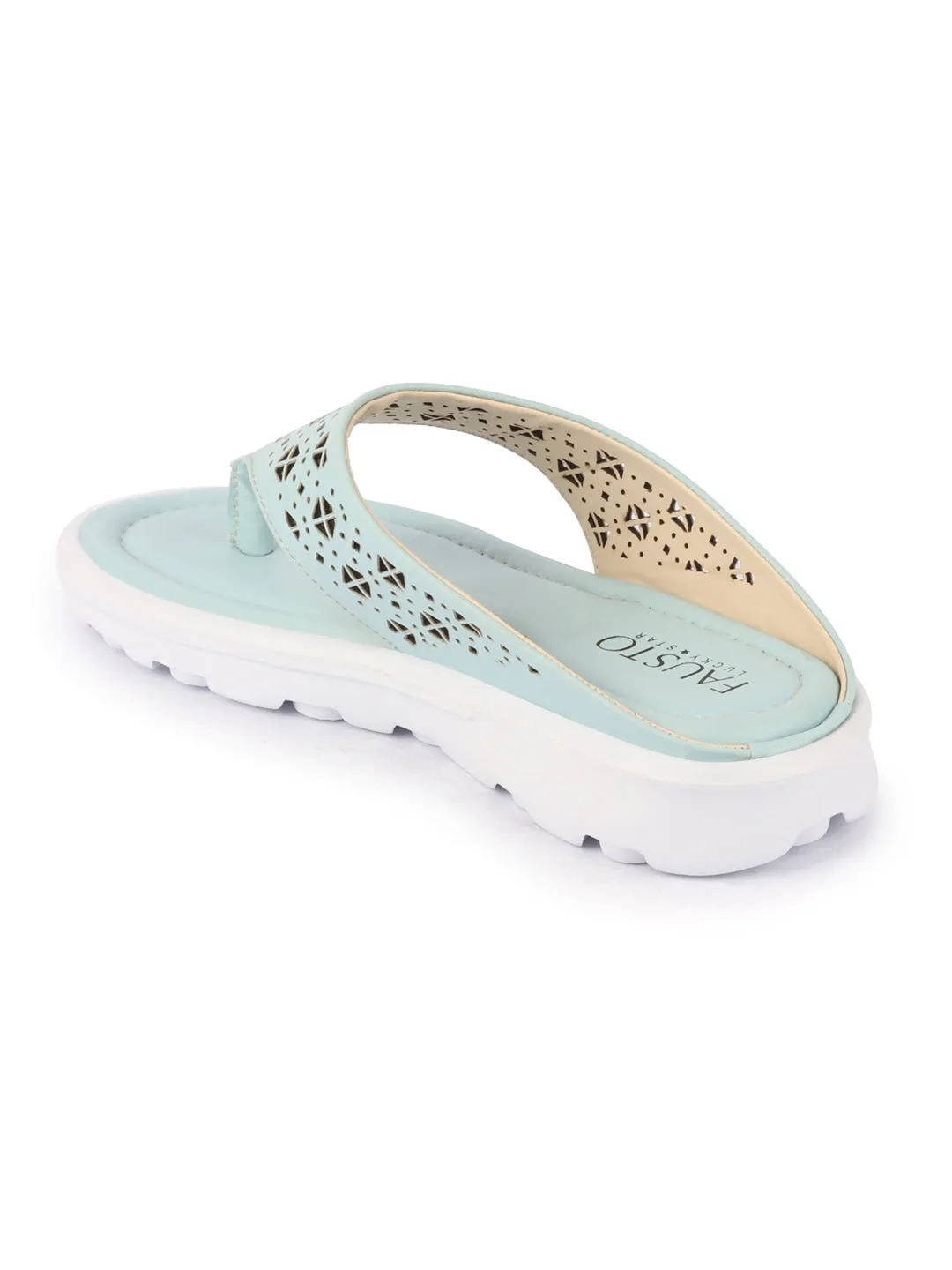 Women Sky Blue Party Fashion Stylish Laser Cut Design Strap Thong Flats Wedges Slipper