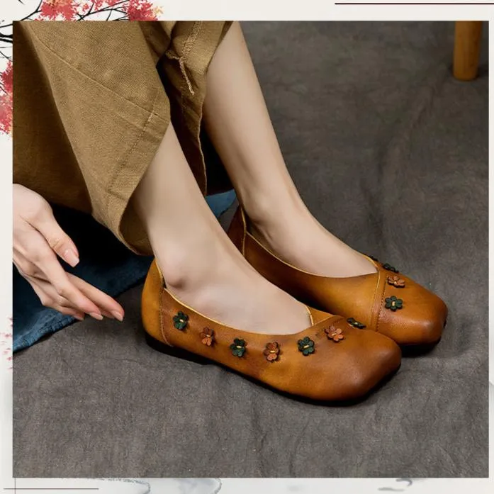 Womens Handmade Bohemian Floral Cowhide Leather Flats