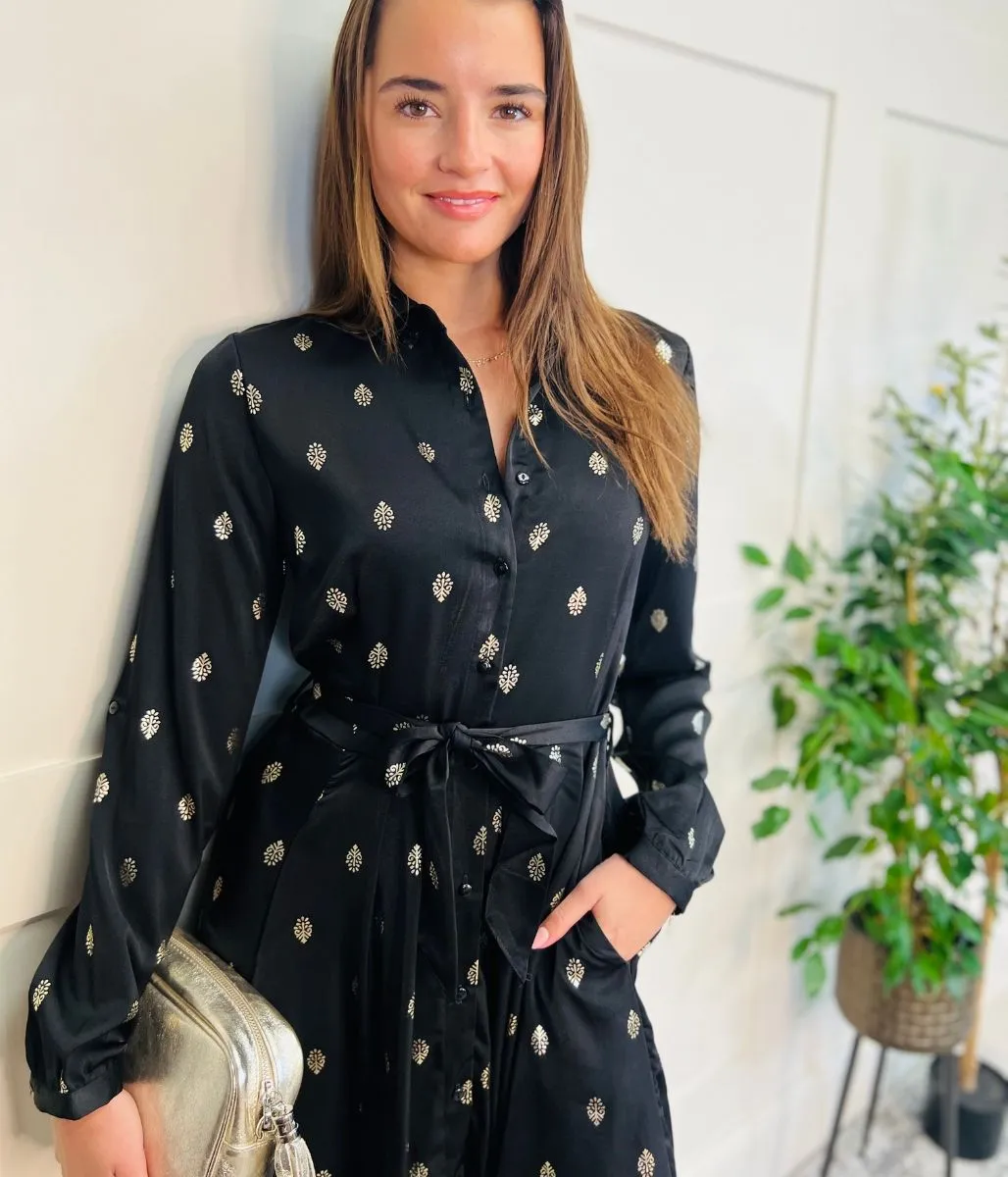 Zara Black Metallic Print Midaxi Shirt Dress